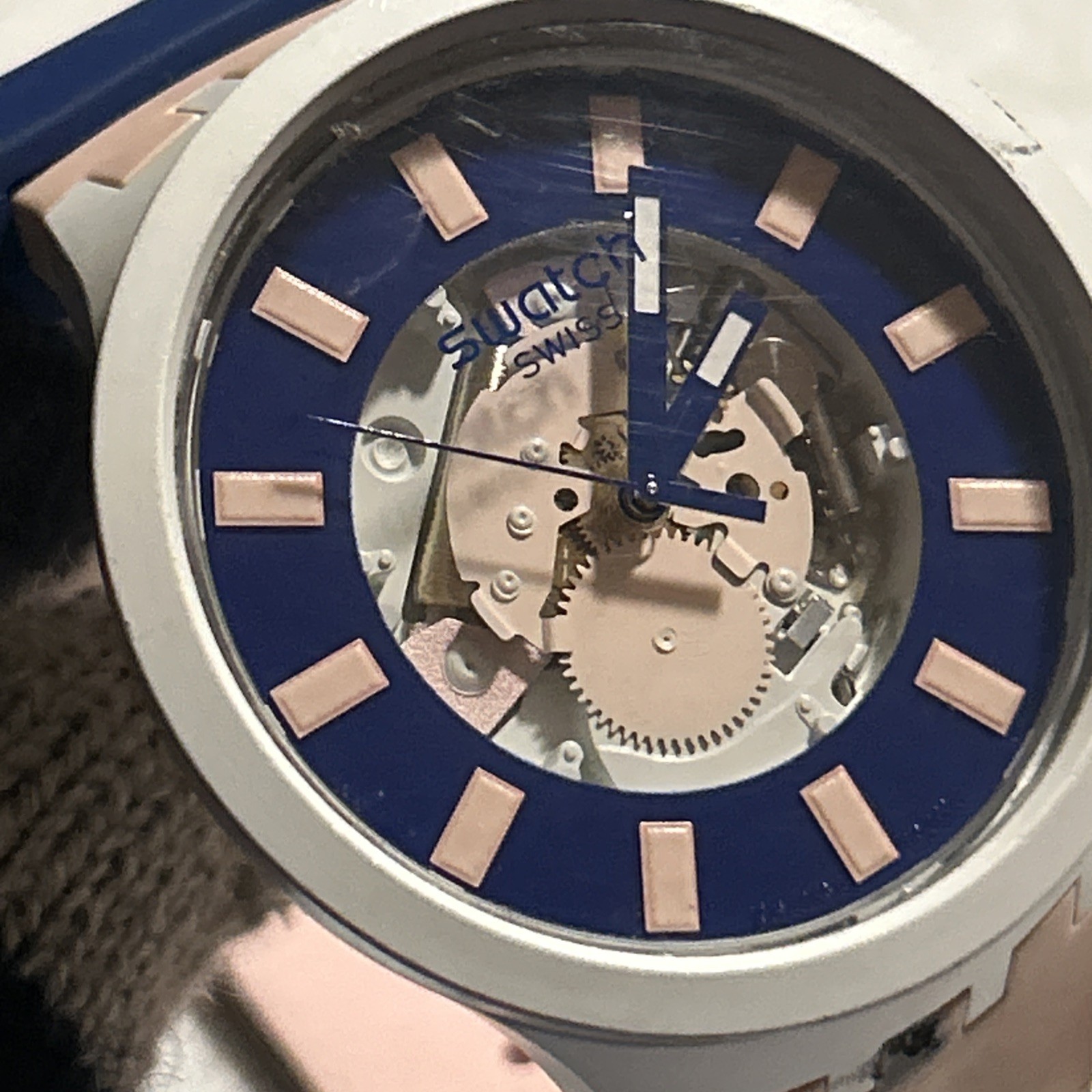 SWATCH BIG BOLD BIOCERAMIC Watch SWISS Analog Pink Navy Strap Dameged