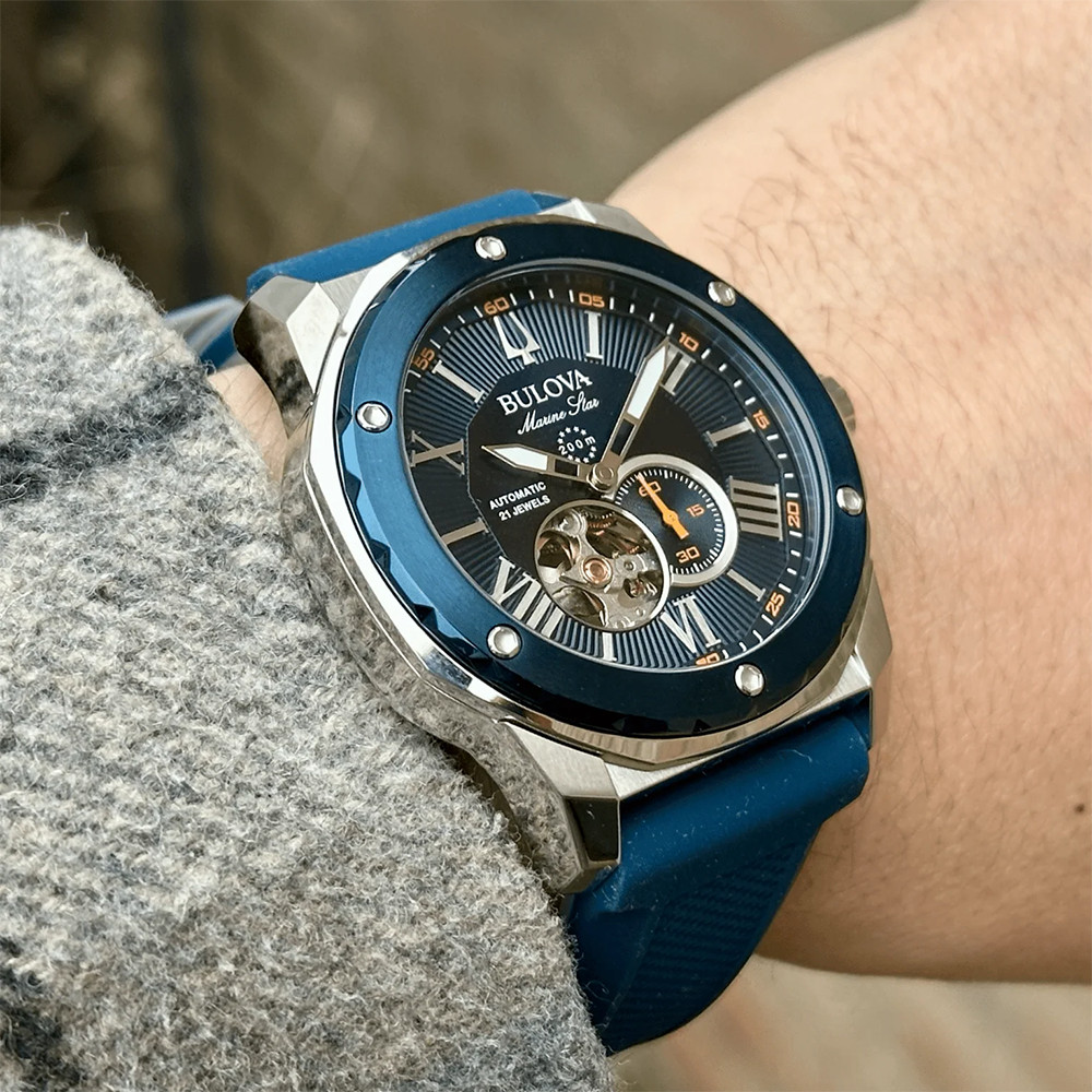 Bulova Marine Star Automatic Watch 98A303 Blue Dial Rubber Strap Men’s Watch