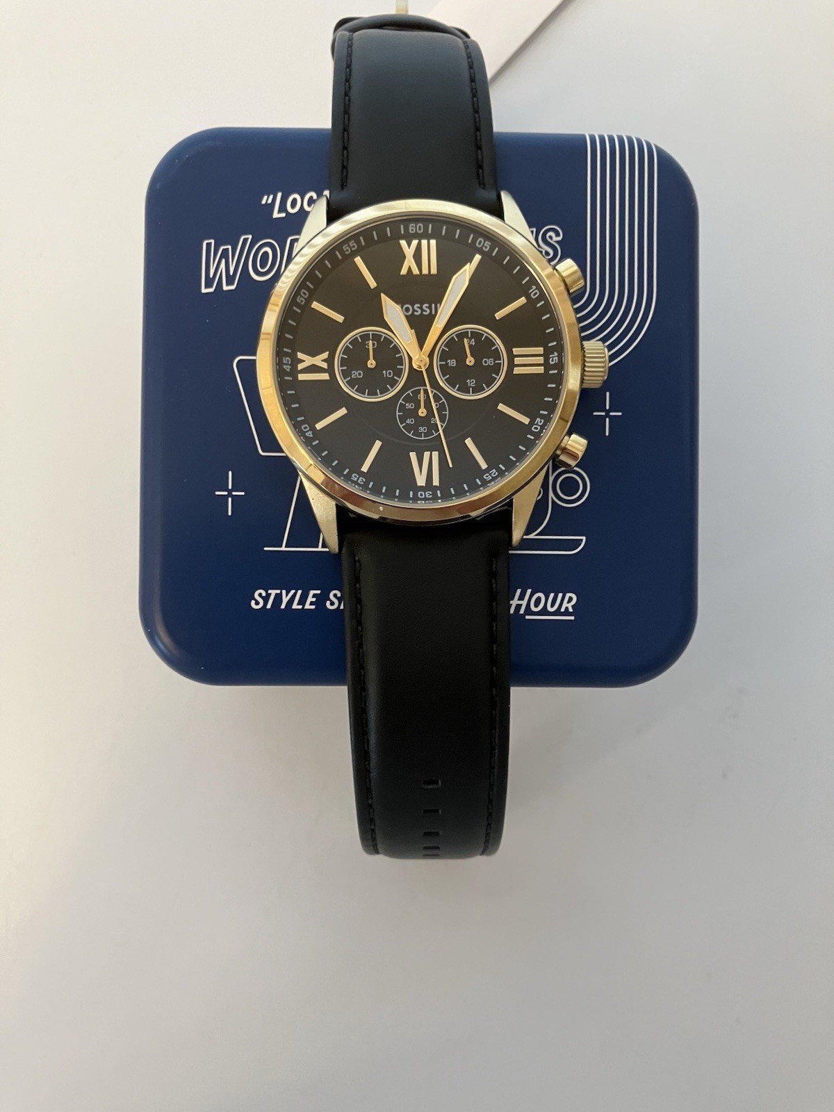 New Fossil Flynn Goldtone,Leather,Men’s Watch,Japan Chronograph Caliber, NWT+Box
