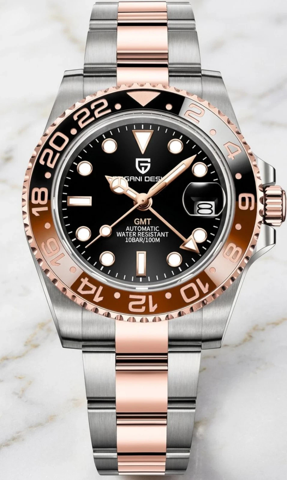 Men’s 40mm Waterproof Divers Watch Black Dial Brown RootBeer Bezel Wristwatch