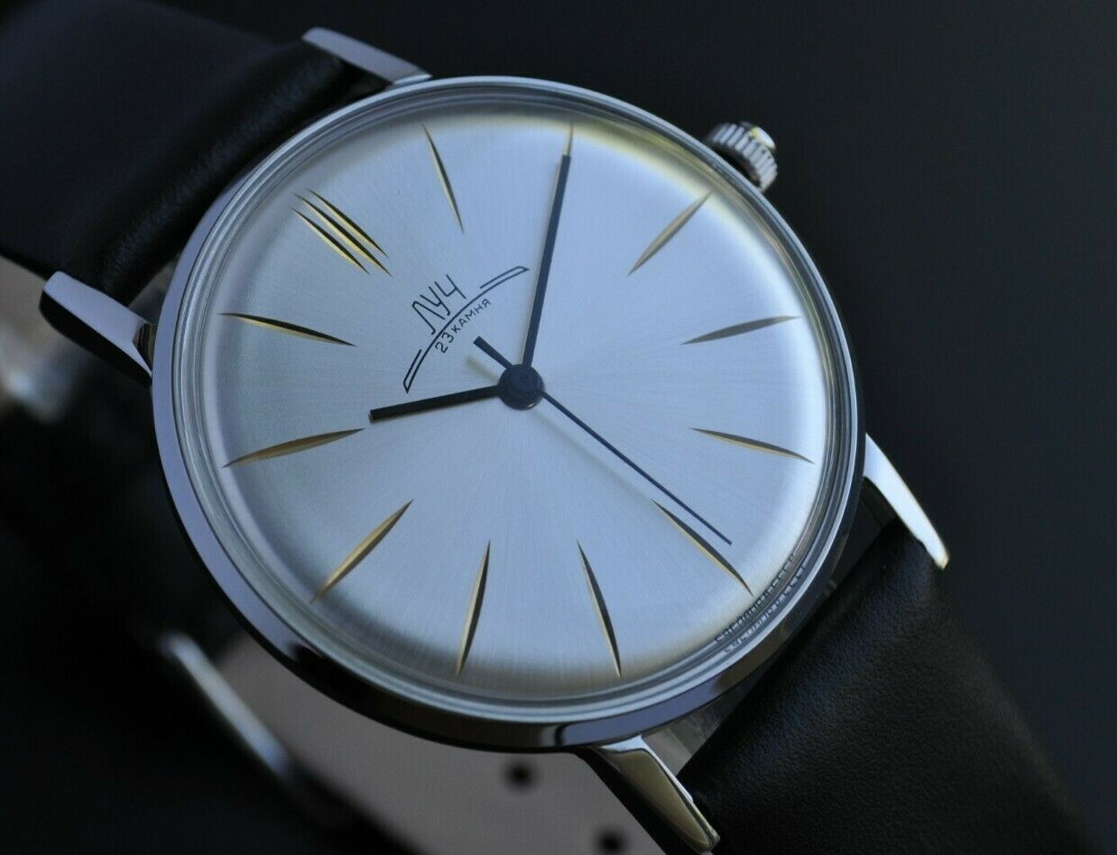 NOS Poljot De LUXE LUCH Extra SLIM Watch Men’s Vintage USSR Case St.Steel R.