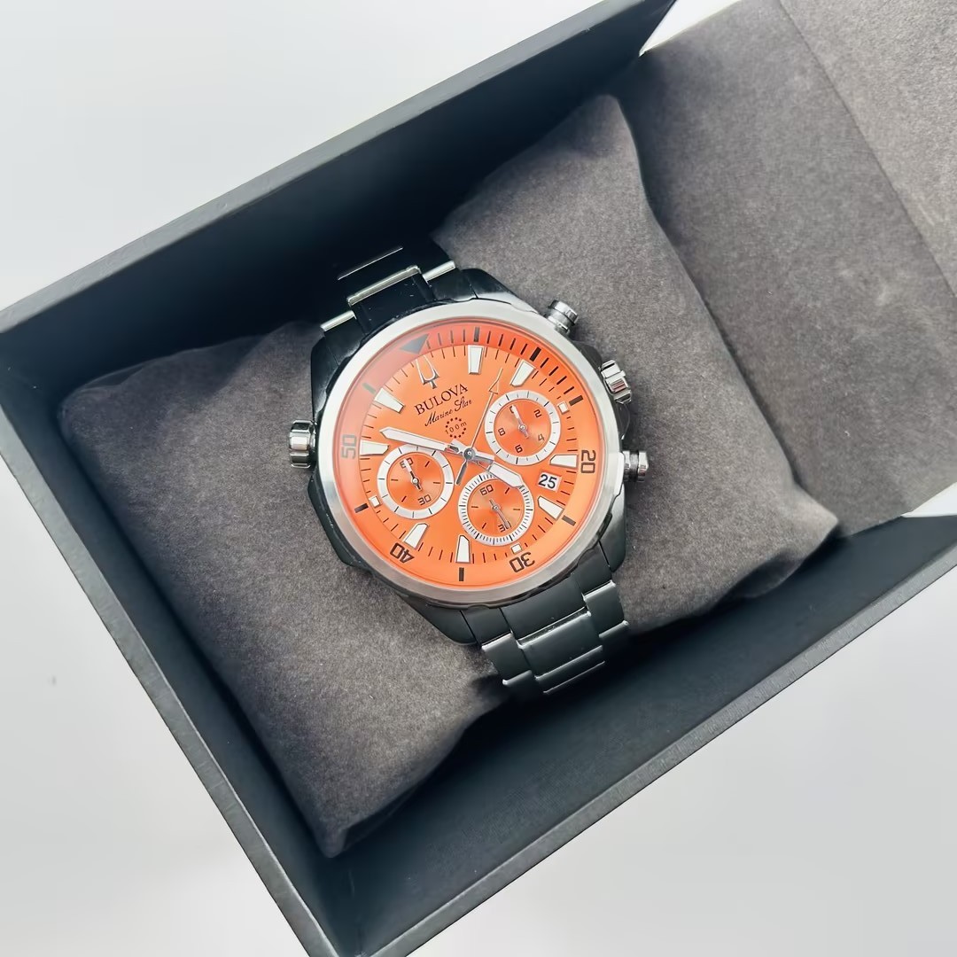 Bulova Men’s Marine Star 96B395 Orange Dial Stainless Chronograph Quartz Watch