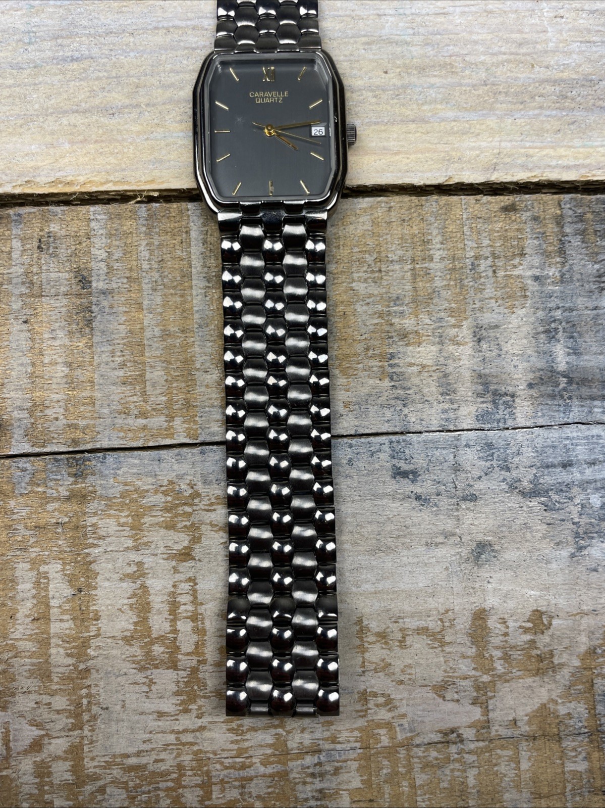 Vintage Bulova Caravelle Old Stock Dressy Black Chrome Date Watch 40B42 New Batt