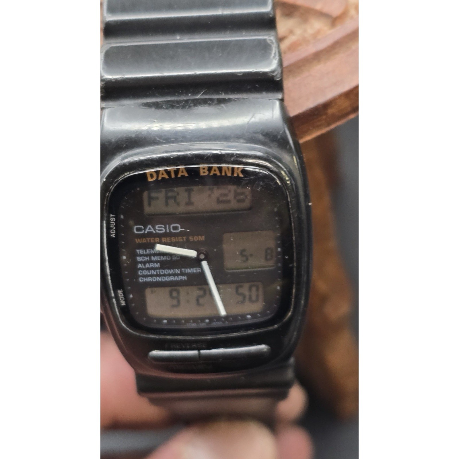 Casio Data Bank Digital Watch Black Resin Band Alarm Chronograph Telememo 50 50M