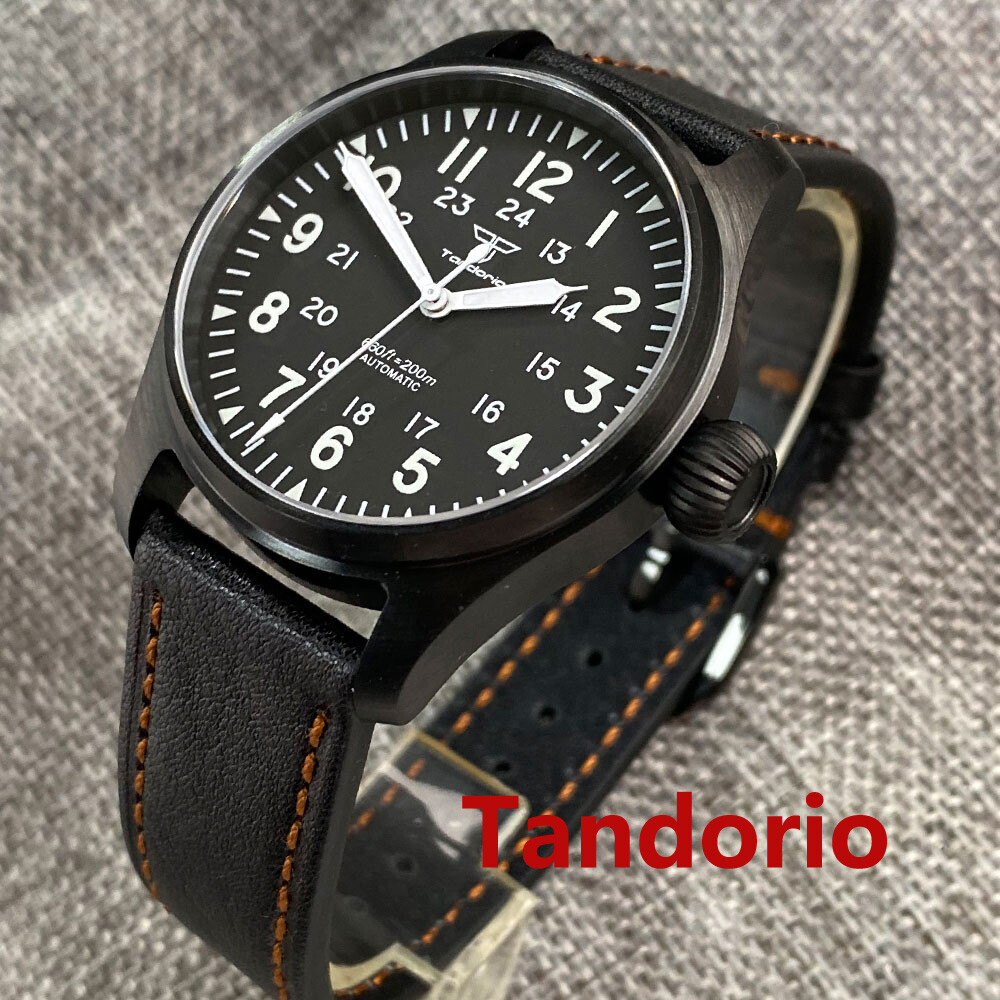 Tandorio 39mm 20ATM NH35A PT5000Sapphire Glass Black PVD Pilot Diving Men Watch