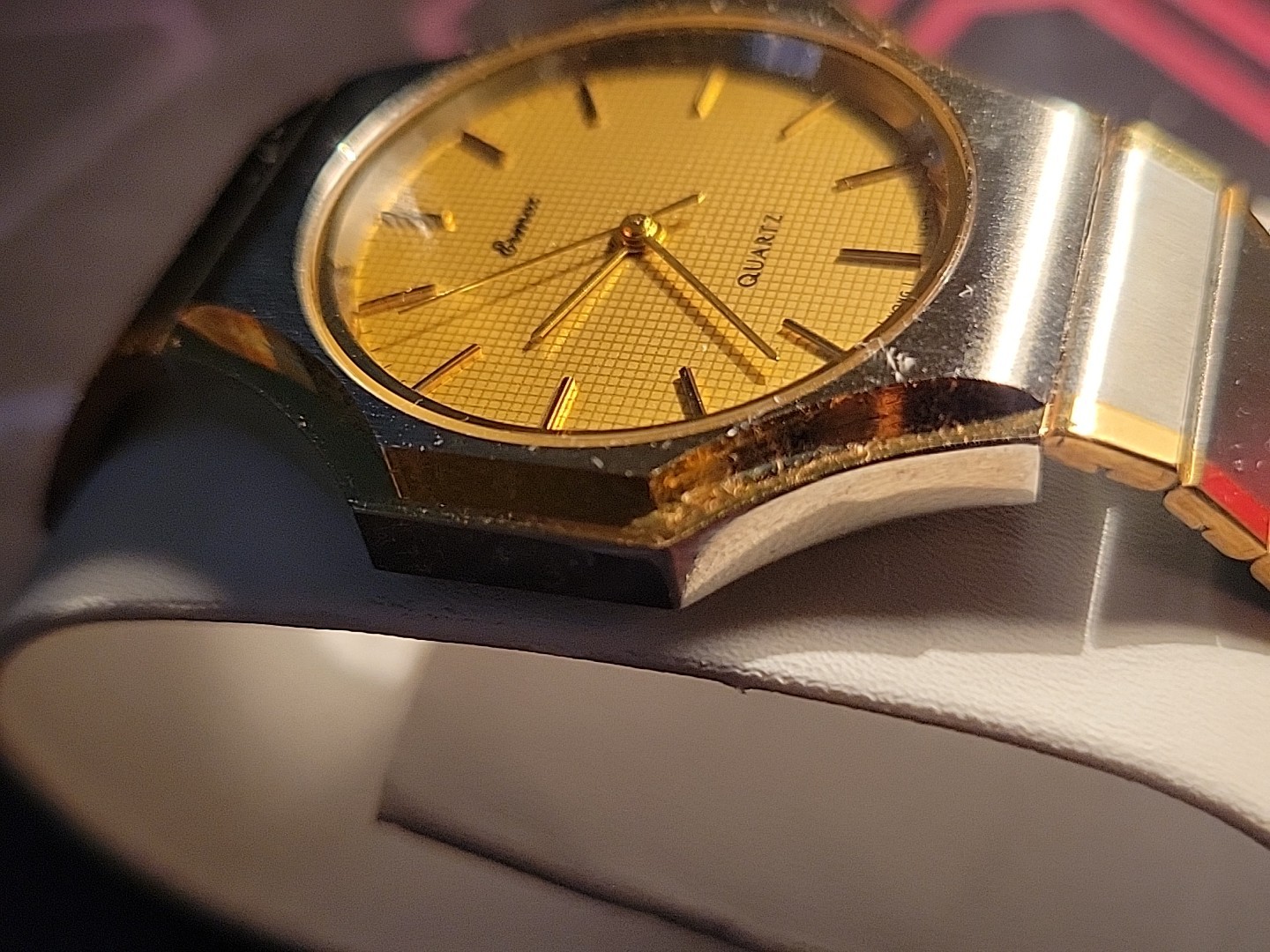 Ermex Watch 1986 NOS Gold Toned Circular Square Brushed Silver Works Mint Aristo