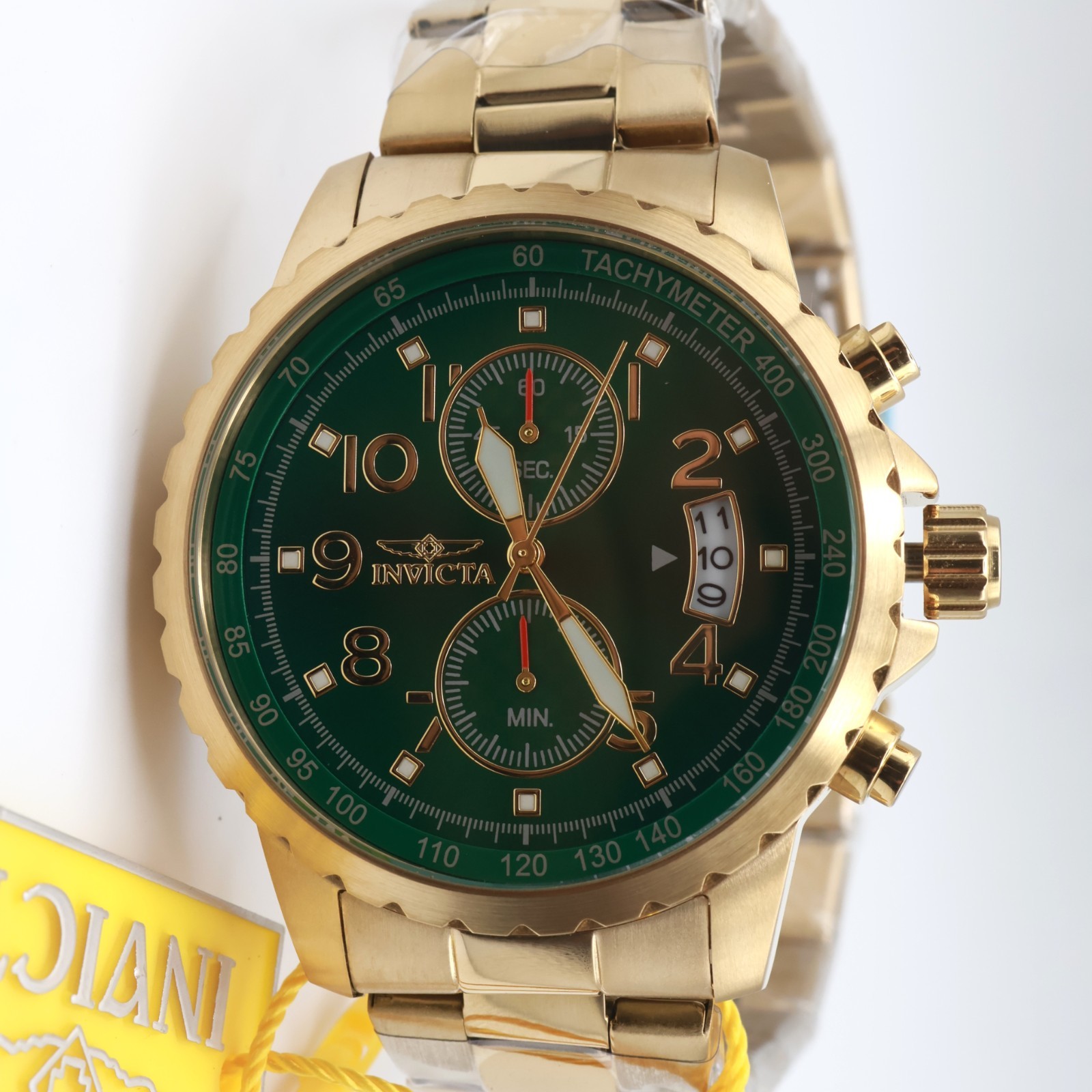 Invicta Specialty Men’s 47mm Gold SS Green Dial Quartz Tachymeter 100m 69793