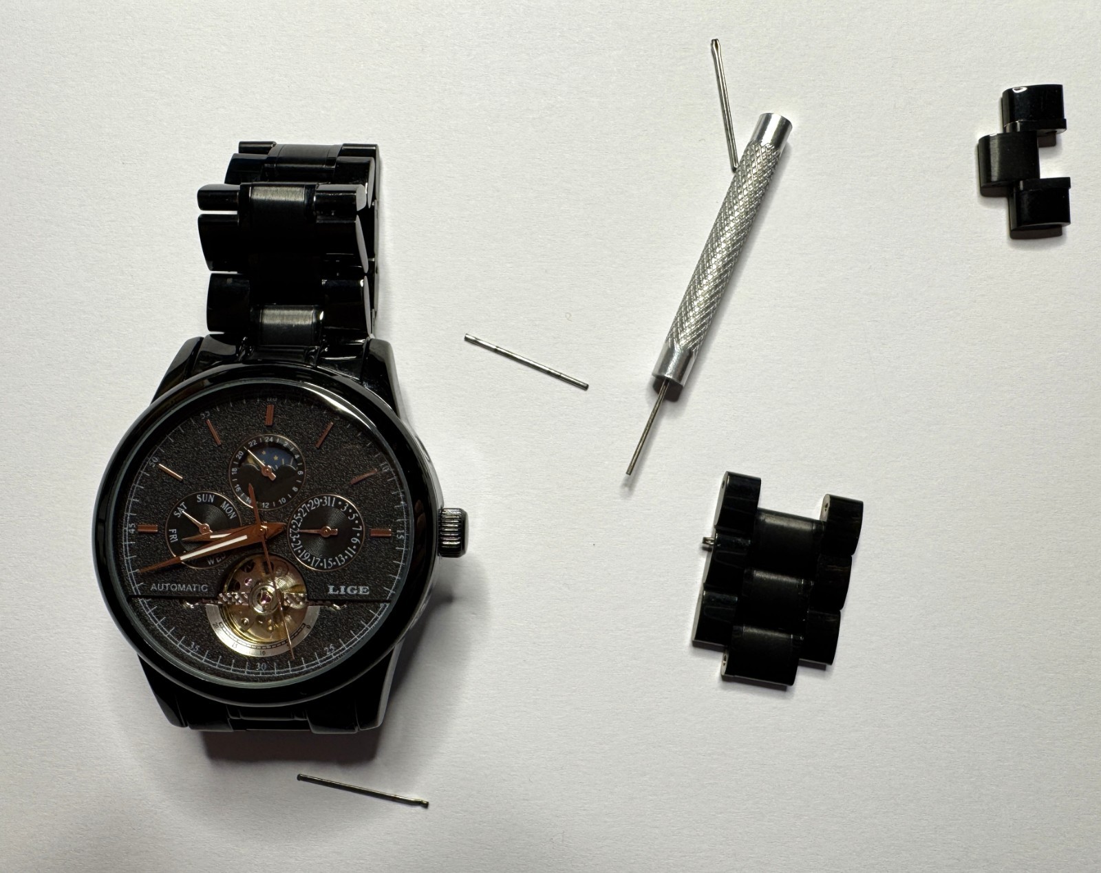 LIGE Automatic Mechanical Skeleton Watch Black Steel Men’s Calendar Kit