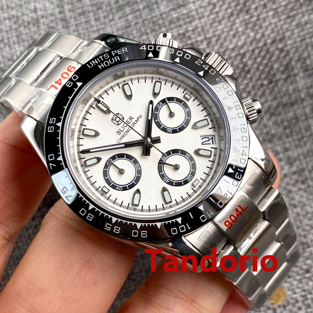 40mm Bliger VK63 Quartz Full Functional Chronograph Mens Watch Folding Clasp