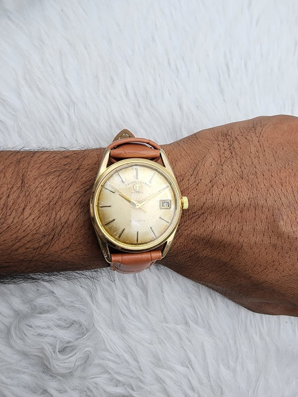 Vintage Favre-Leuba Daymatic Automatic Swiss Gold Dial Date Men’s Watch 21Jewels