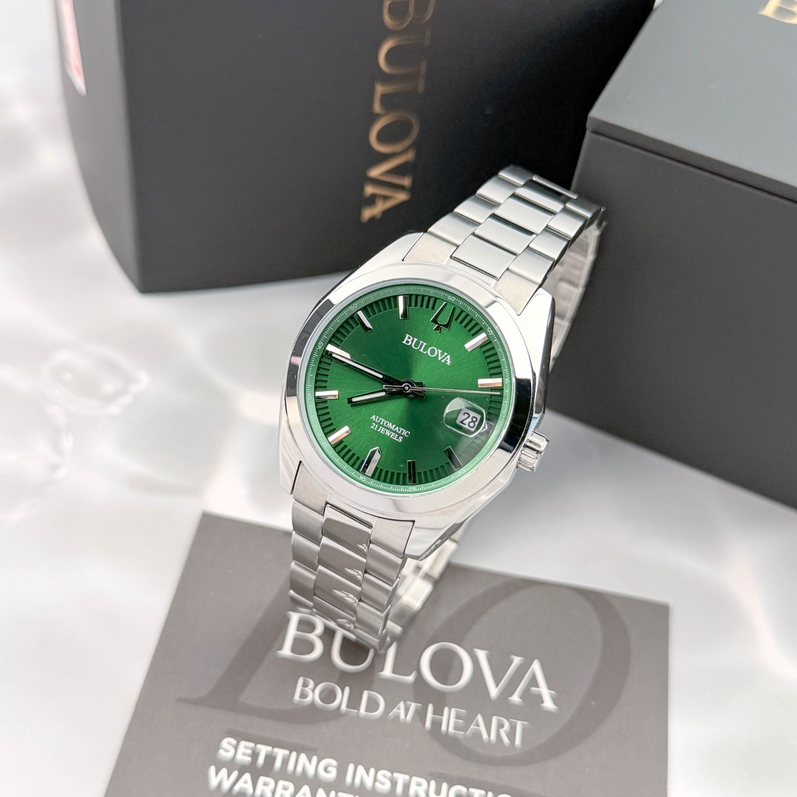Bulova Men’s Surveyor 96B429 Automatic Green Dial Stainless Steel Watch 39mm