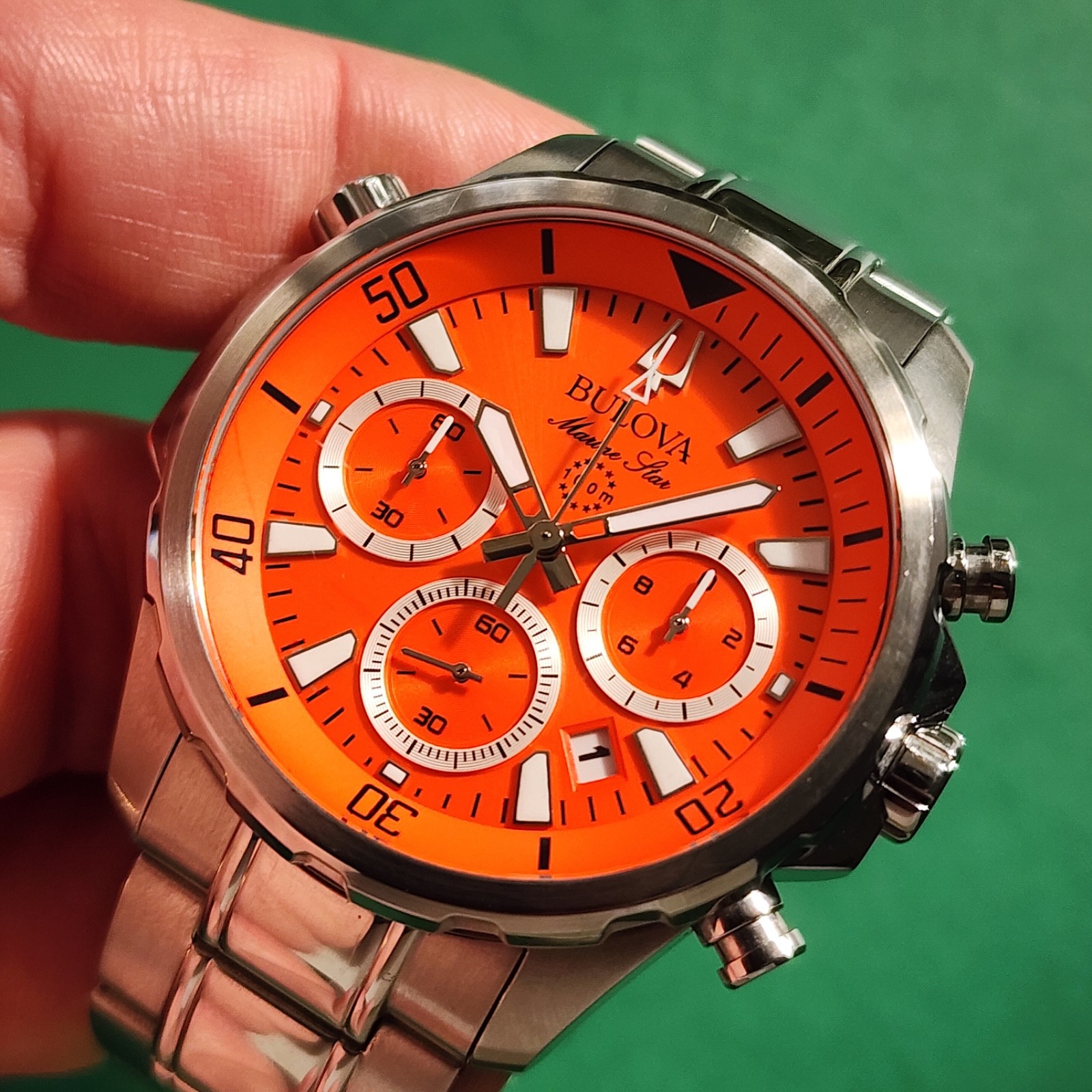Bulova Chronograph Orange Dial Marine Star Watch Inner Rotating Bezel 96B395