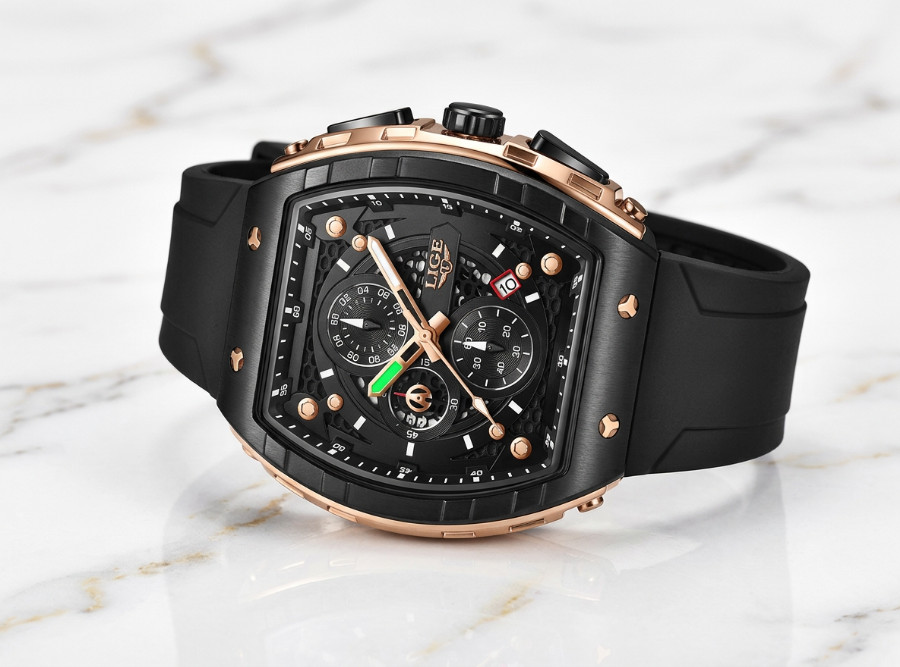Men Black Dial Silicone Strap Rectangle Sports Wristwatch Gold Trim Analog Watch