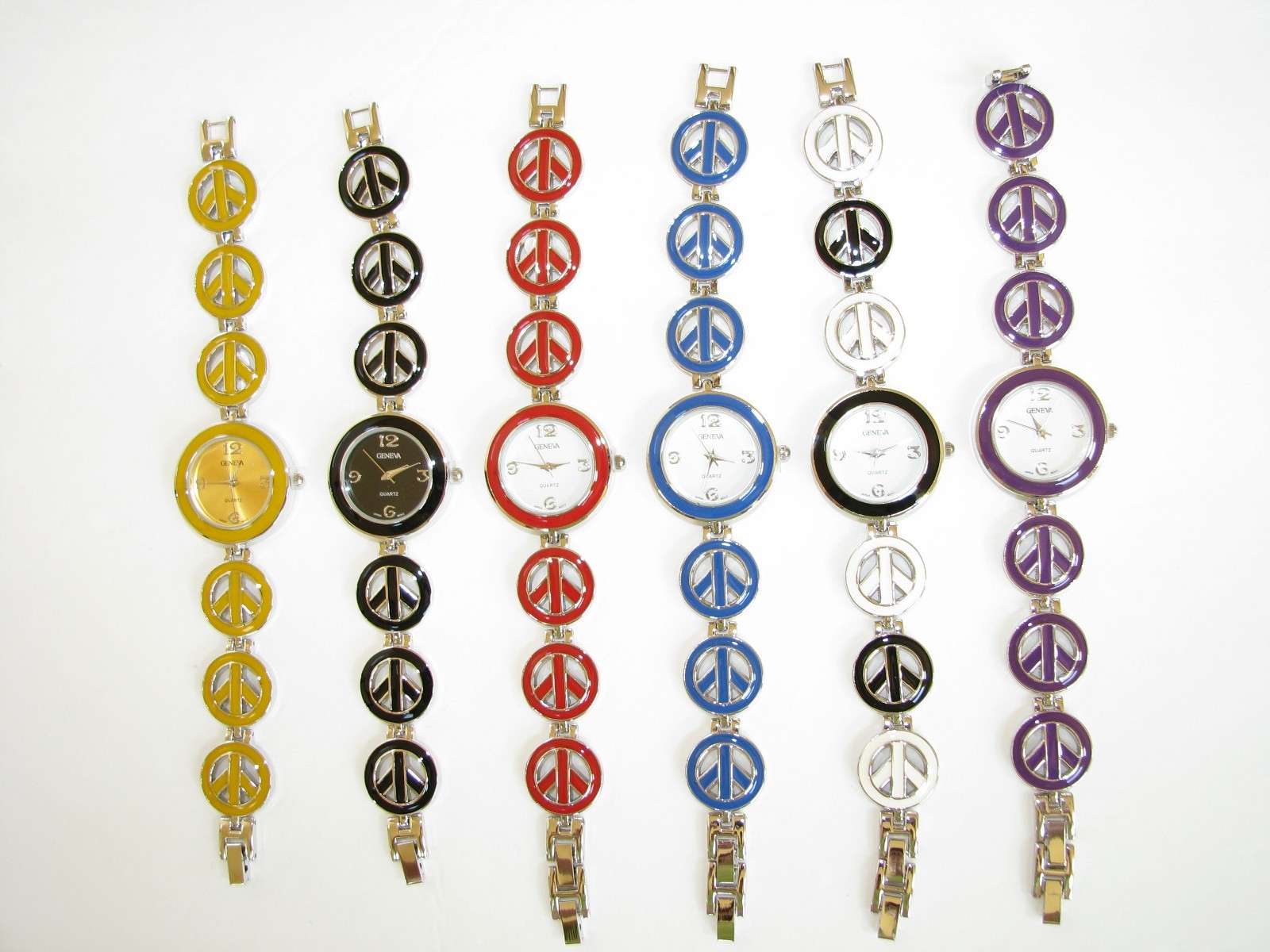 GENEVA 3D MULTI PEACE LOGO SIGN METAL BRACELET RED,BLUE,BLACK,WHITE WATCH-NEW