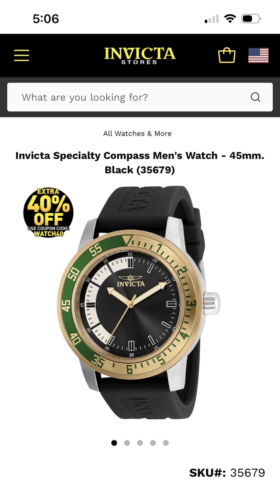 Invicta Specialty Compass Men’s Quartz Watch 45mm Black Dial Silicone Strap Box