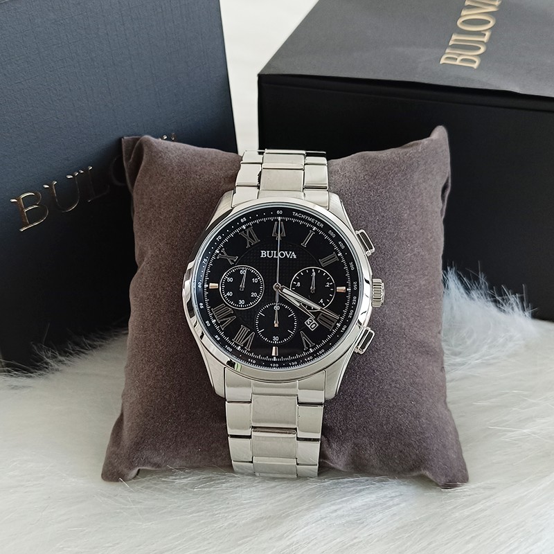Men Bulova Wilton Black Dial Stainless Steel Classic 96B288 Quartz Watch 46.5mm