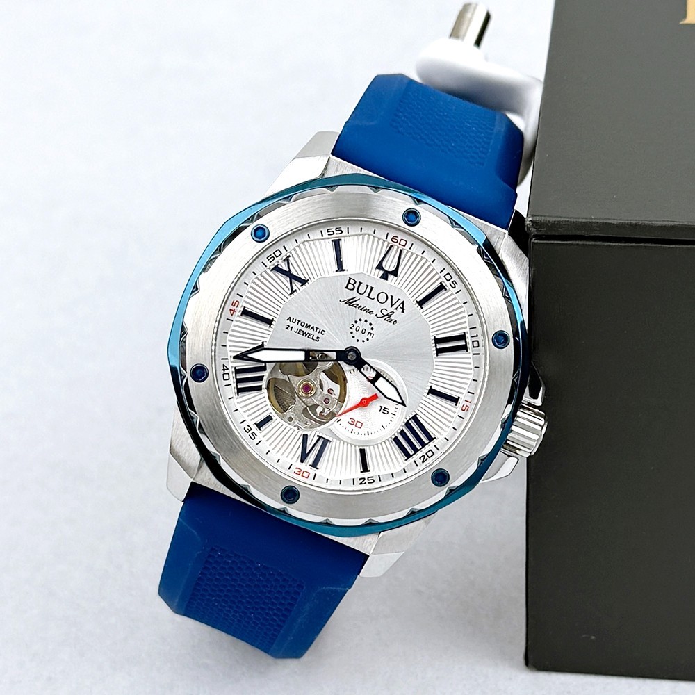 Bulova 98A225 Men’s Marine Star Series A Automatic White Dial Rubber Strap Watch