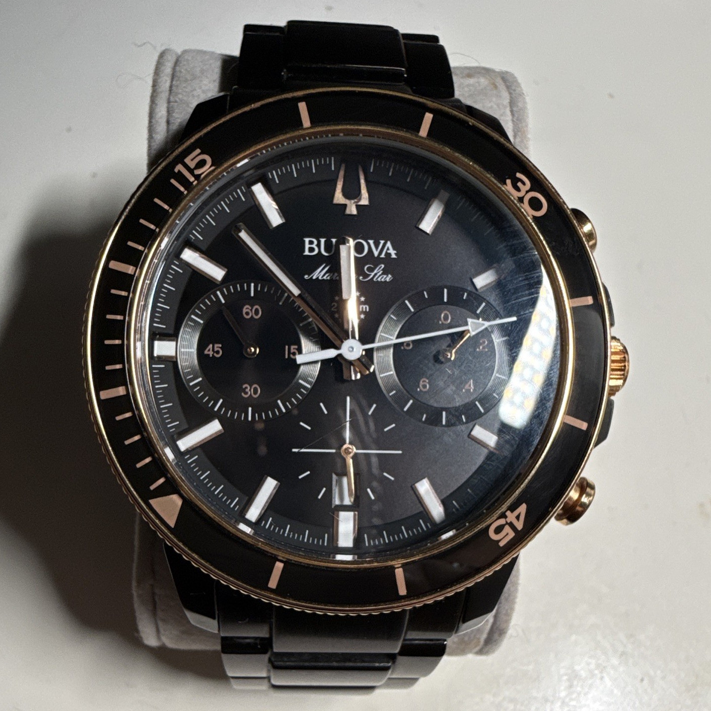 Bulova Marine Star Chronograph Date Quartz 45mm 200m Black Dial Bracelet