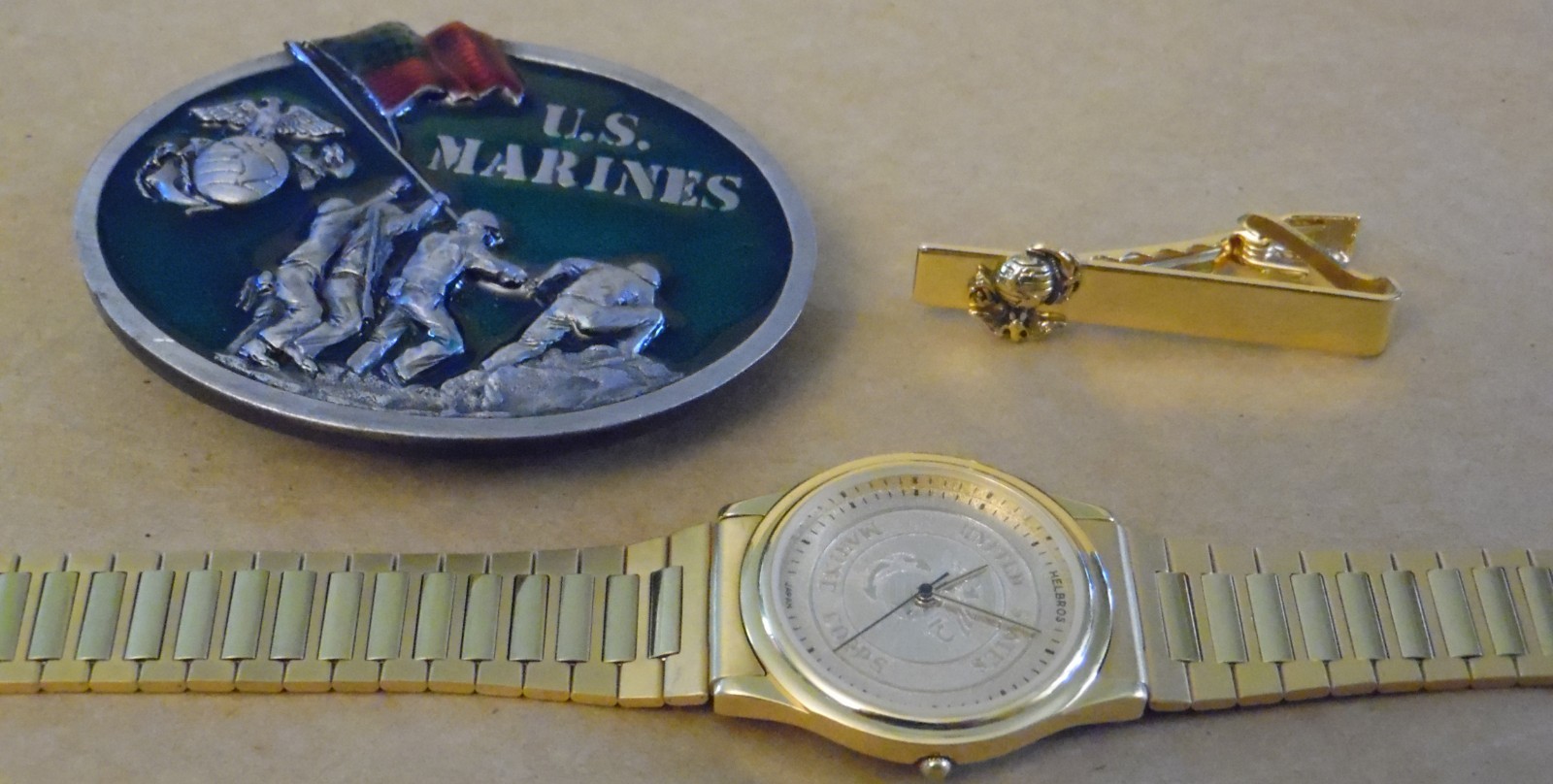 Vintage Helbros United States Marine Corps Gold-Tone Watch + BELT BUCKLE + CLIP