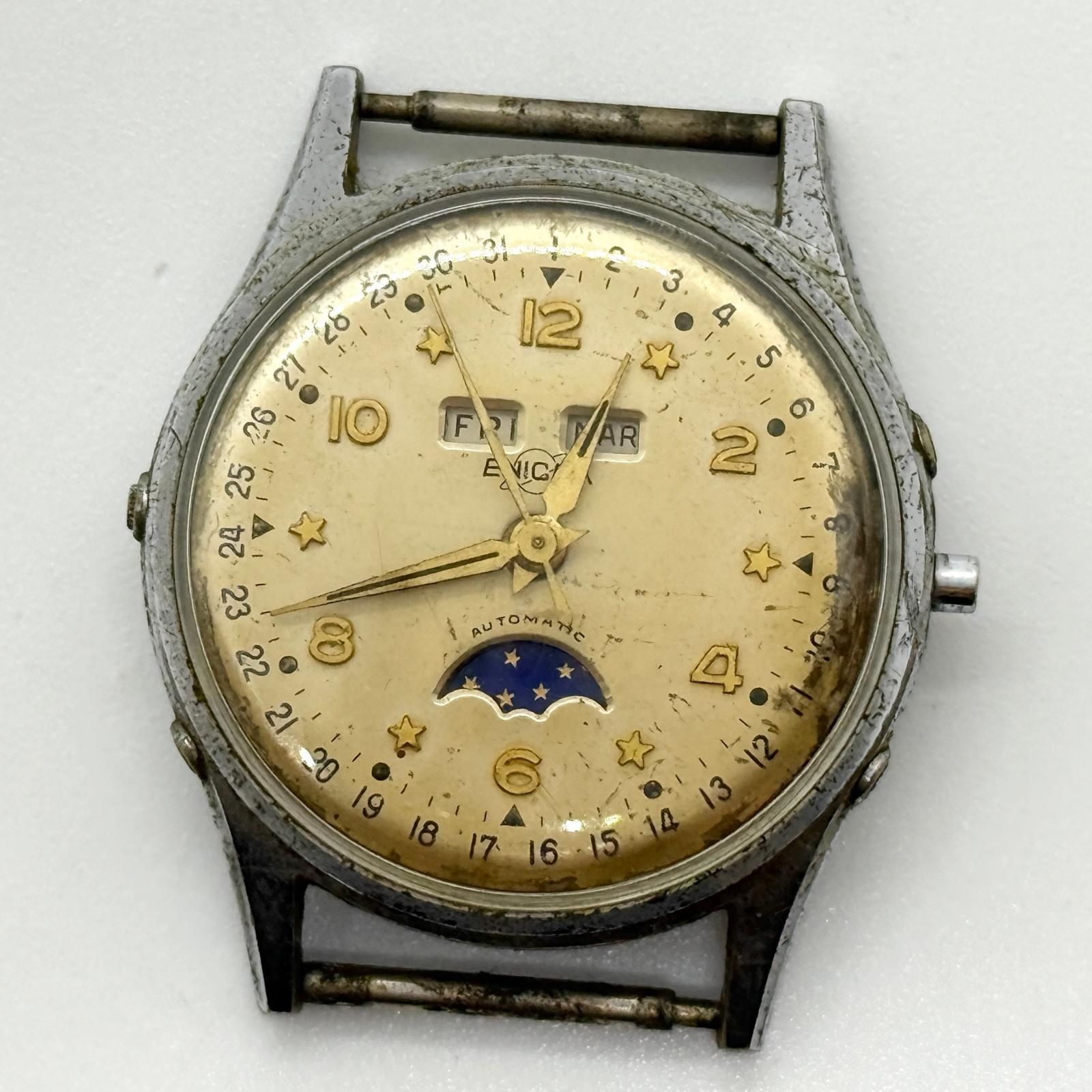 [B1M] Enicar Triple Calendar Moon Phase Beige Dial Unisex Watch Used [g9n]