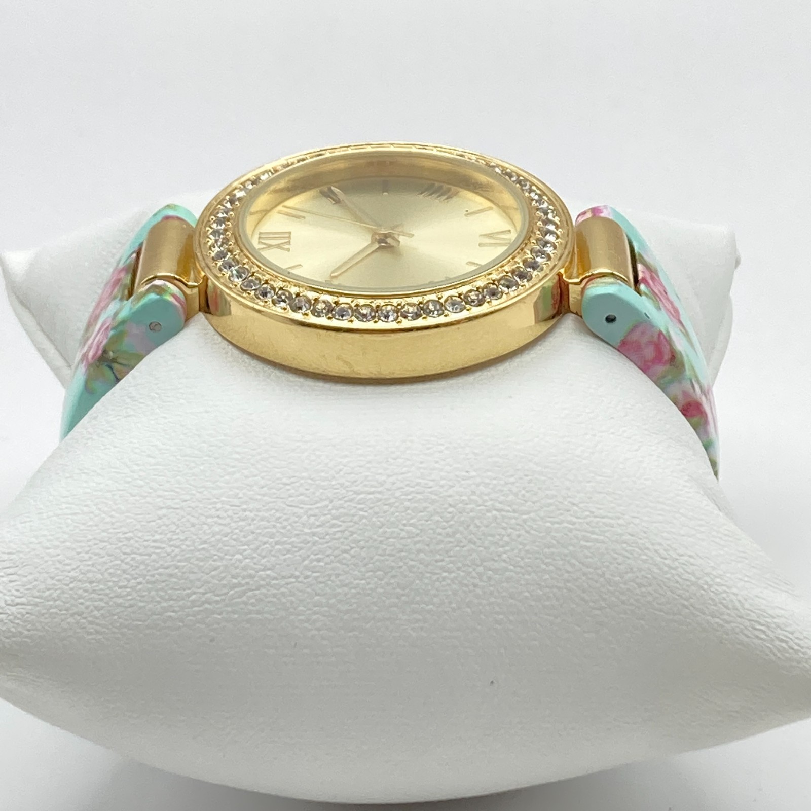 Accutime Womens Watch Gold Tone Cuff English Rose Crystals Floral New Battery