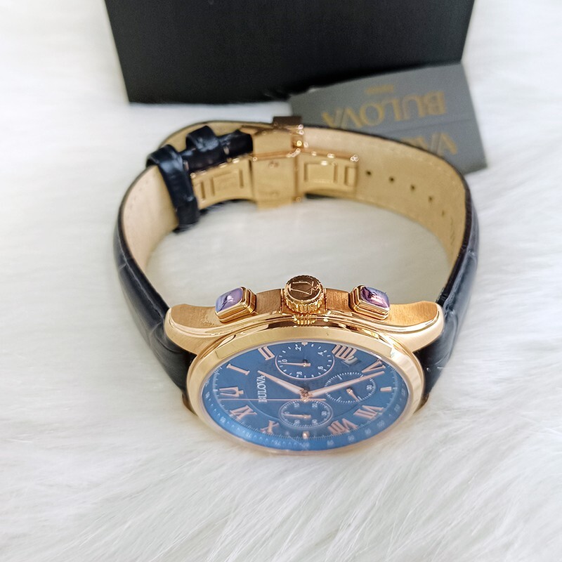 Men’s Bulova Wilton Blue Classic Chronograph 97B170 Quartz Leather Watch 46.5mm