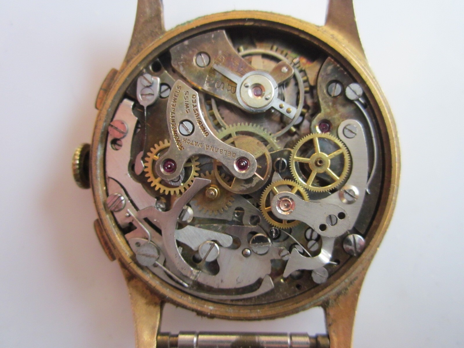 DelBana Chrono Mens Watch c1930s 18K Gold OffWhite Dial CLEAN AS IS G2U