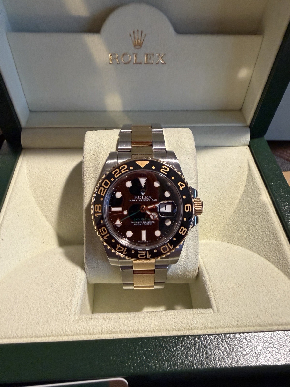 Rolex GMT-Master II Ceramic 116713LN Two Tone Yellow Gold Steel Box Papers