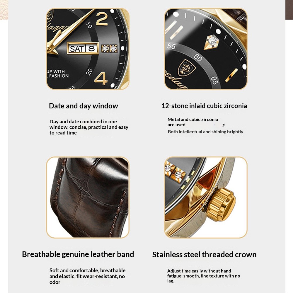 Mens Calendar Watch Quartz Wristwatch Man Leather Watches Waterproof Luminous