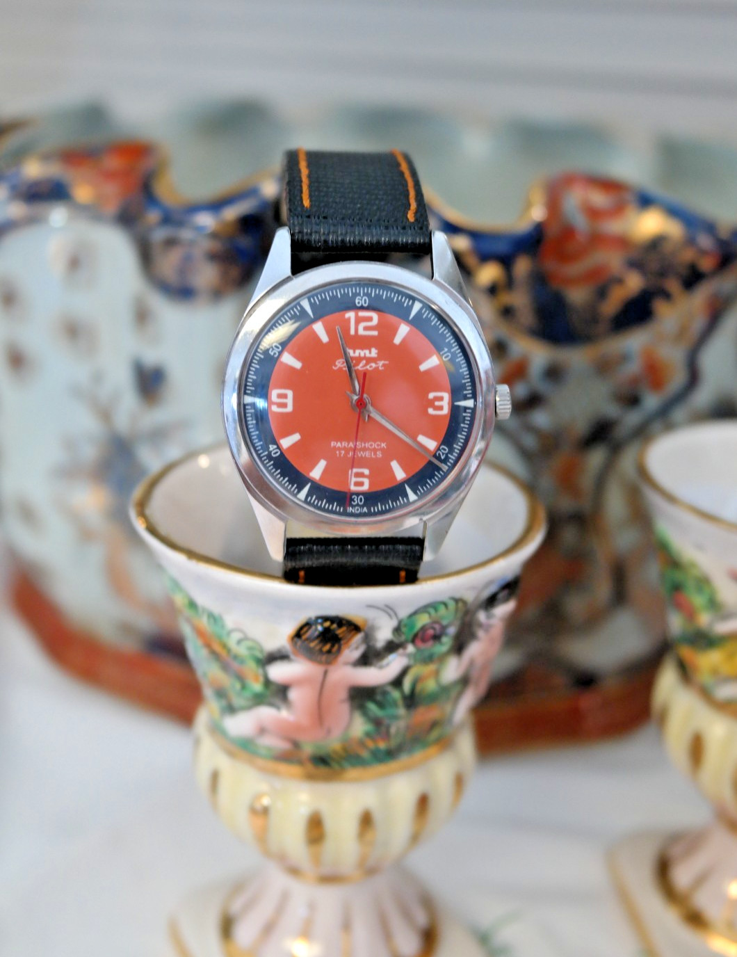 HMT Pilot Mechanical Watch Salmon/Blue Arabic & Baton Dial 17 Jewels Para Shock