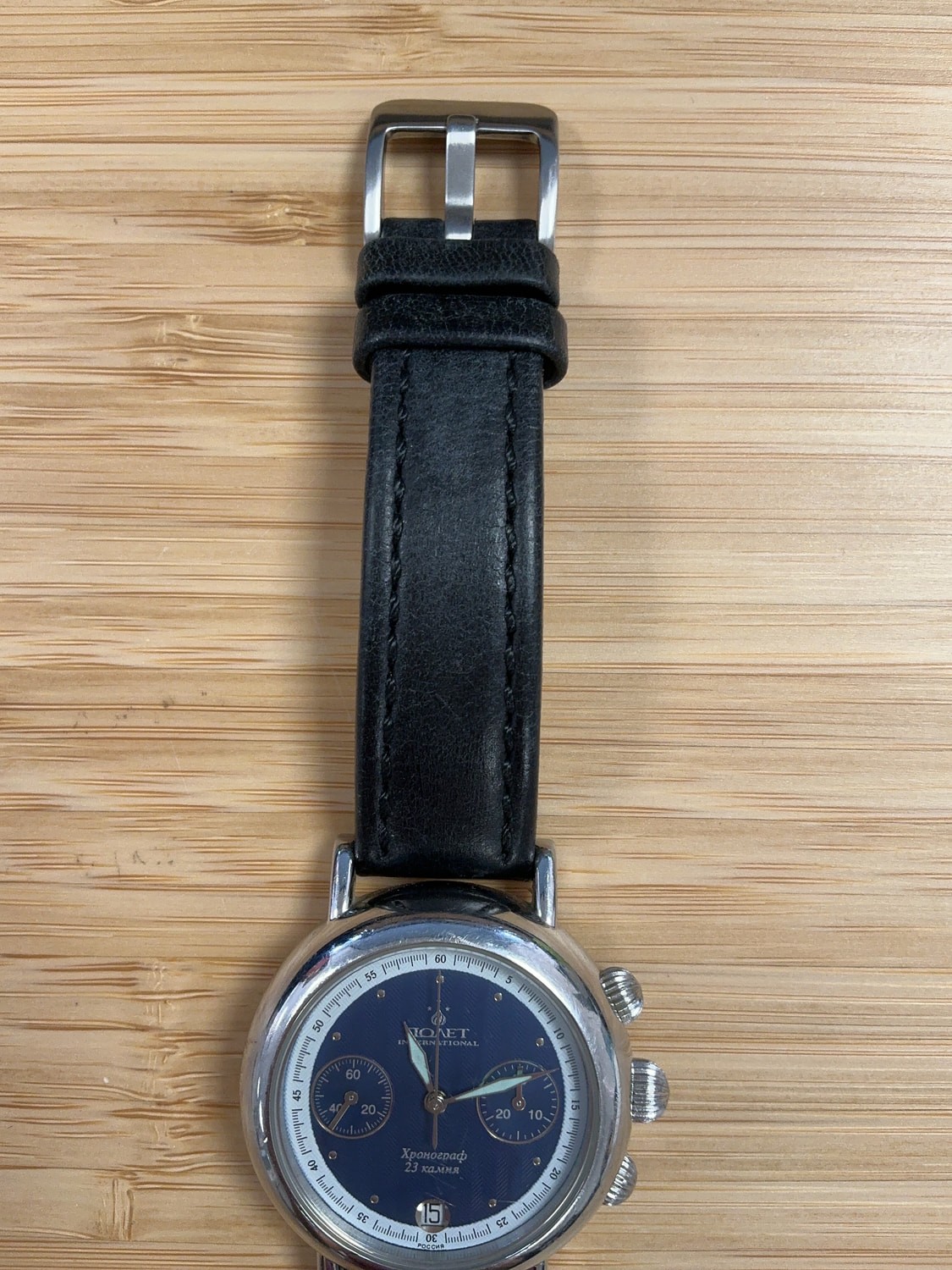 Vintage Poljot 3133 Model International Round Chrono Blue Dial Mechanical Watch