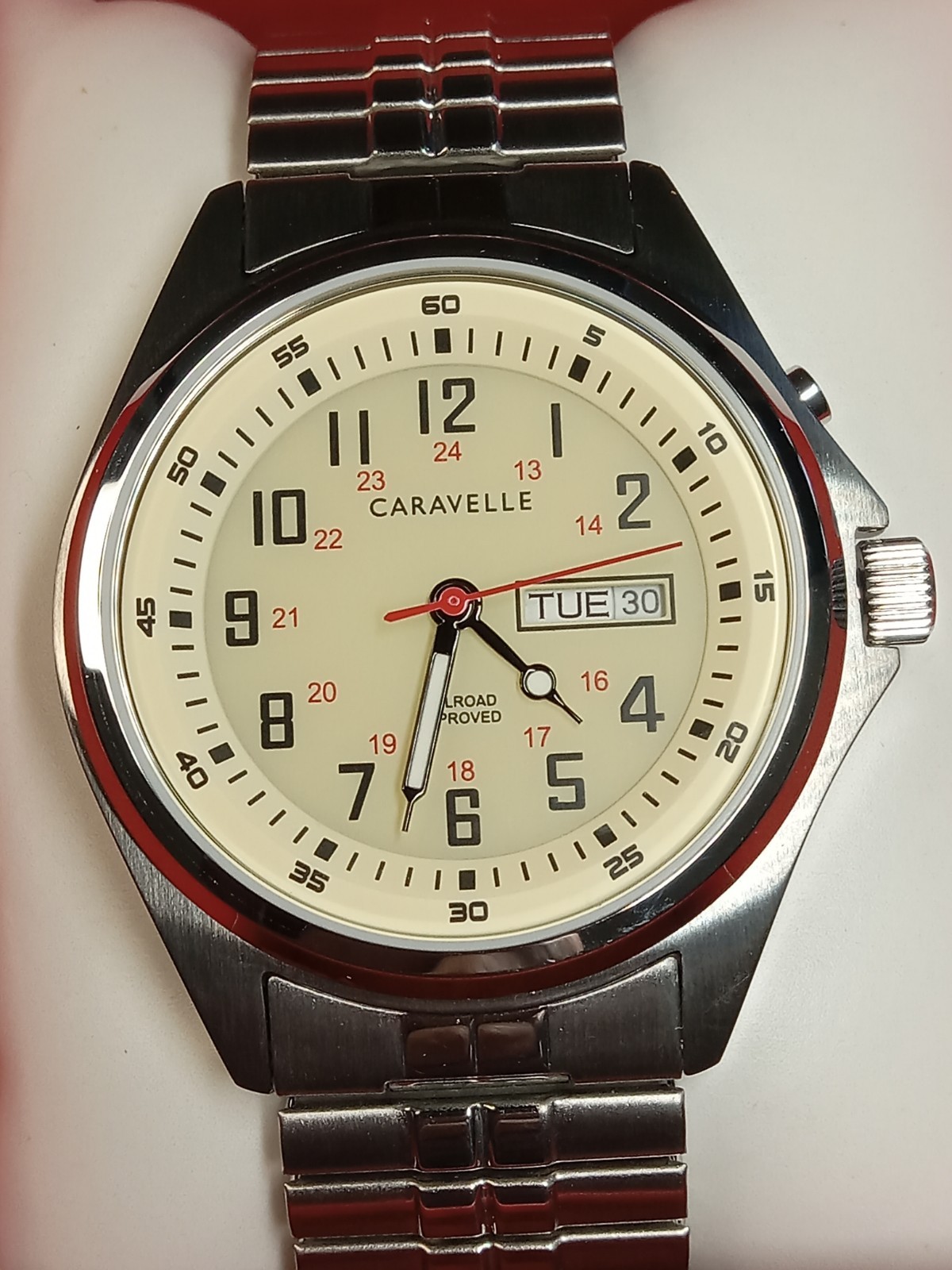 Caravelle by Bulova Railroad SS Expansion Cream Dial Men’s Quartz Watch 43C124