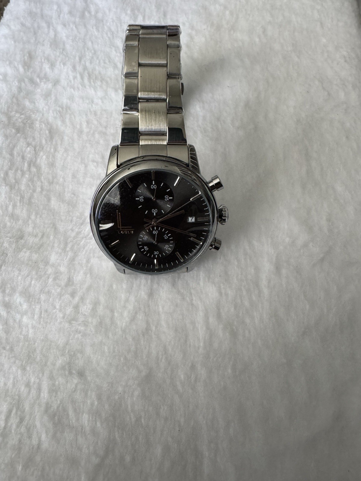 LOULU Black Dial Quartz Chronograph Date 44mm Silver Stainless Steel Watch