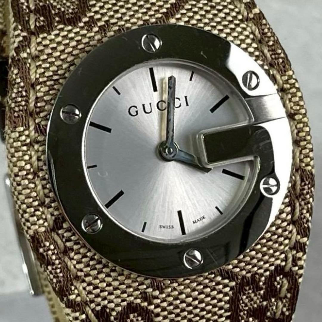 Gucci 104 G-Face Quartz Silver Dial GG Canvas Leather Men’s Unisex Watch Working