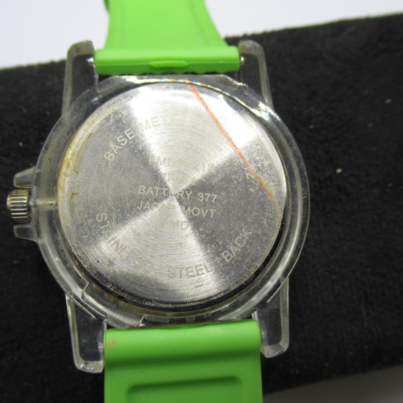 Neon Green Rubber Band Wristwatch Clear Case Silver Dial Japan Movt Fun Watch