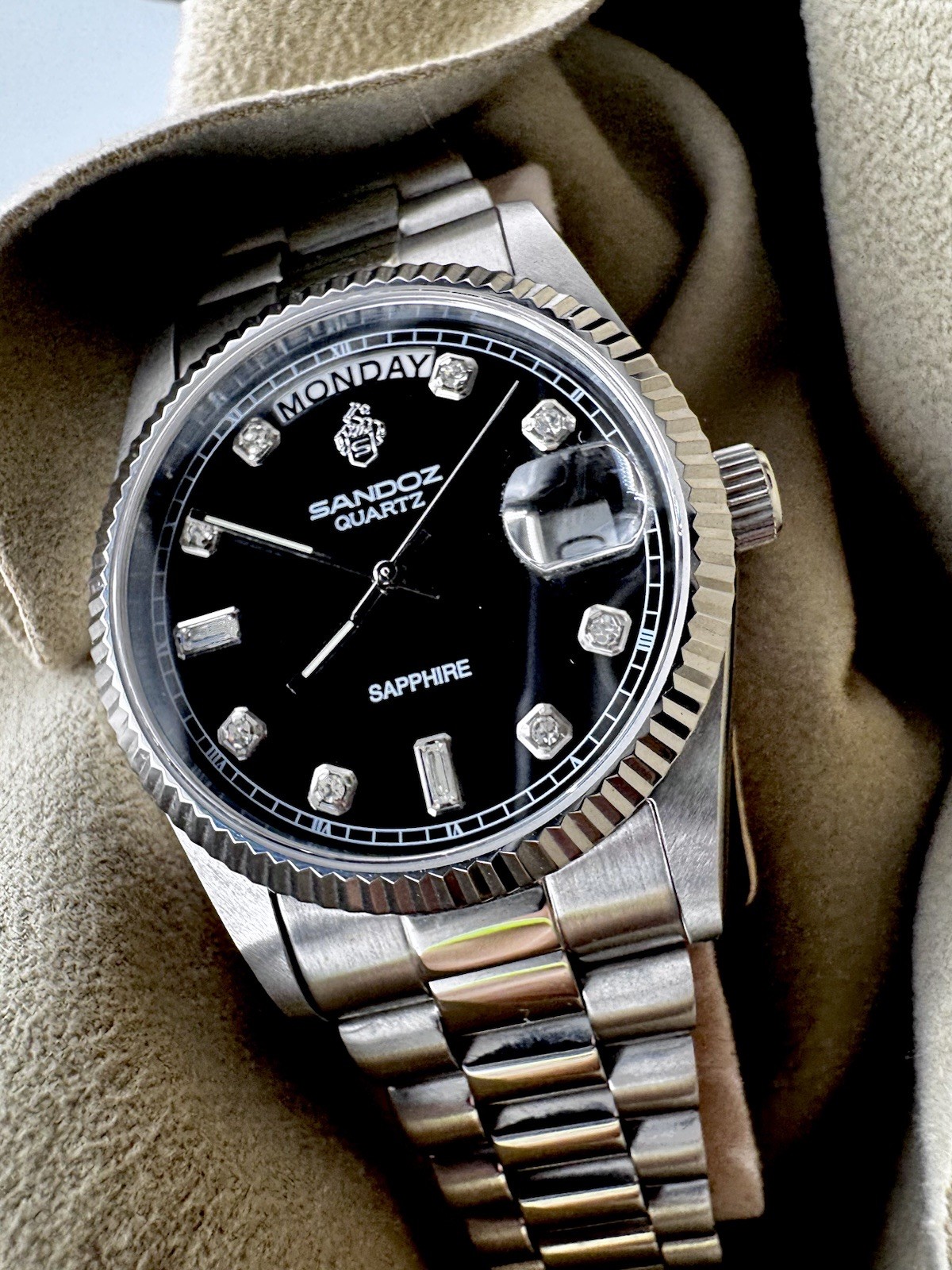 RARE SANDOZ QUARTZ PRESIDENT Silver Sapphire Diamond Black Dial Watch NO G2U