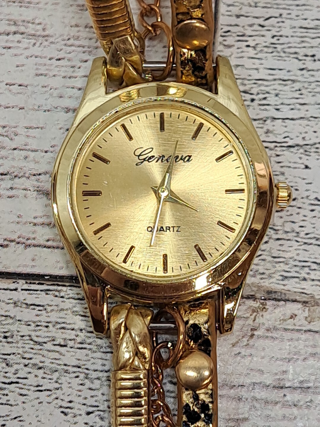 Geneva Women’s Watch Button Snap Multi Braid Snake Skin Gold Tone Bracelet Band
