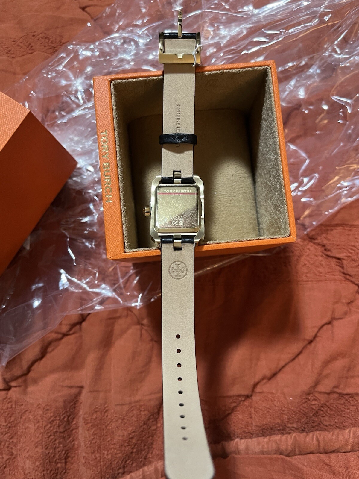 NWT Tory Burch Dalloway Ivory Dial Black Leather Watch TBW1106 NEW Square