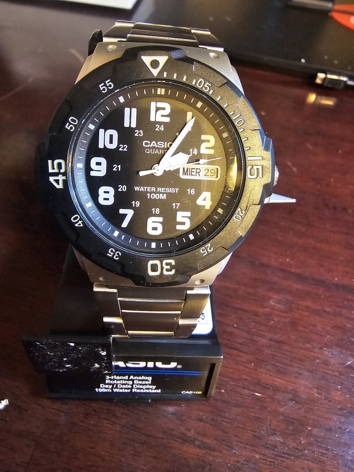 Casio Men’s Analog Quartz Day/Date 100m WR Black Dial Steel Bracelet w/ Box