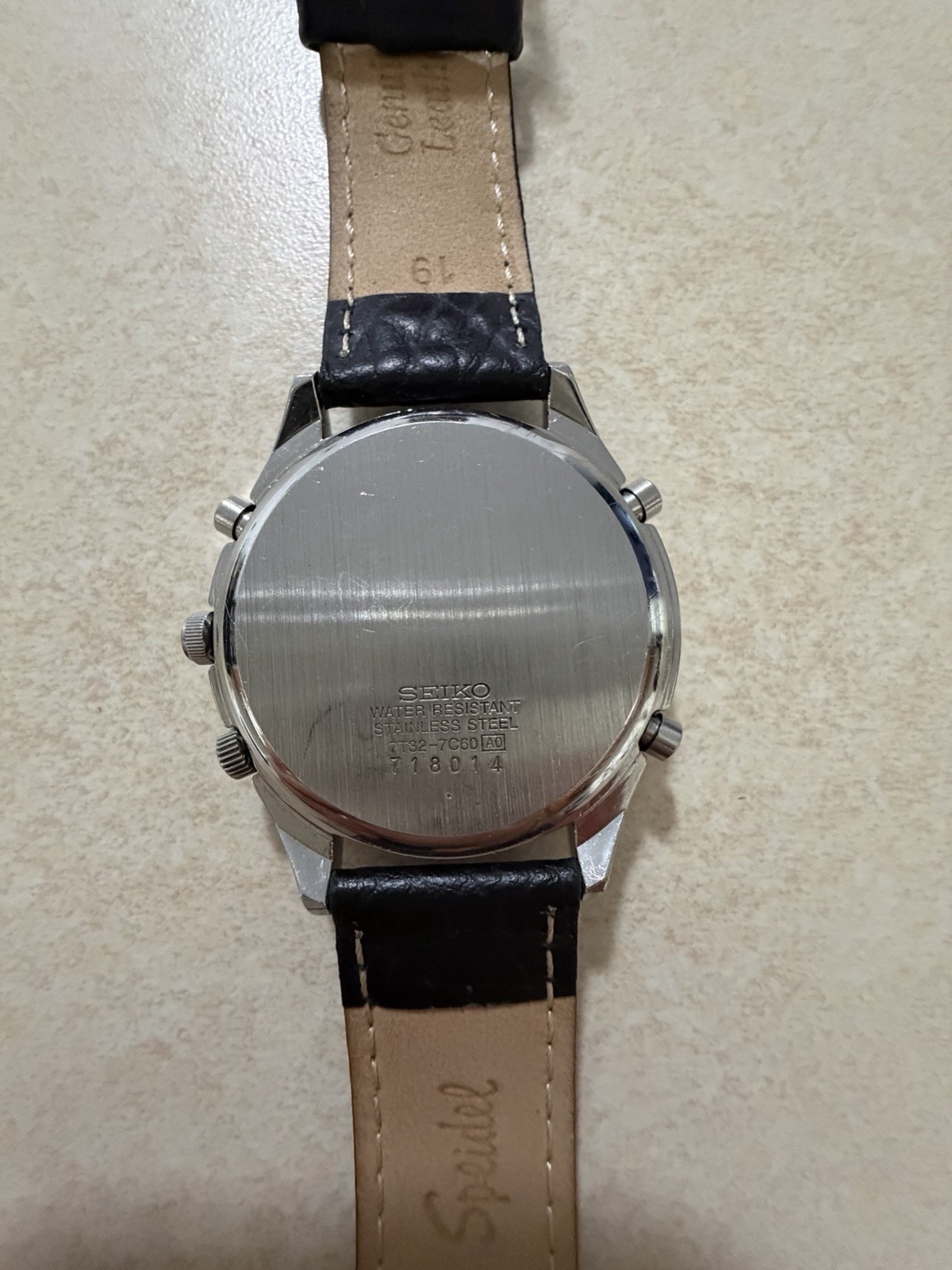 1997 Seiko Chronograph Quartz Black Dial Tachymeter Alarm Date Leather Strap