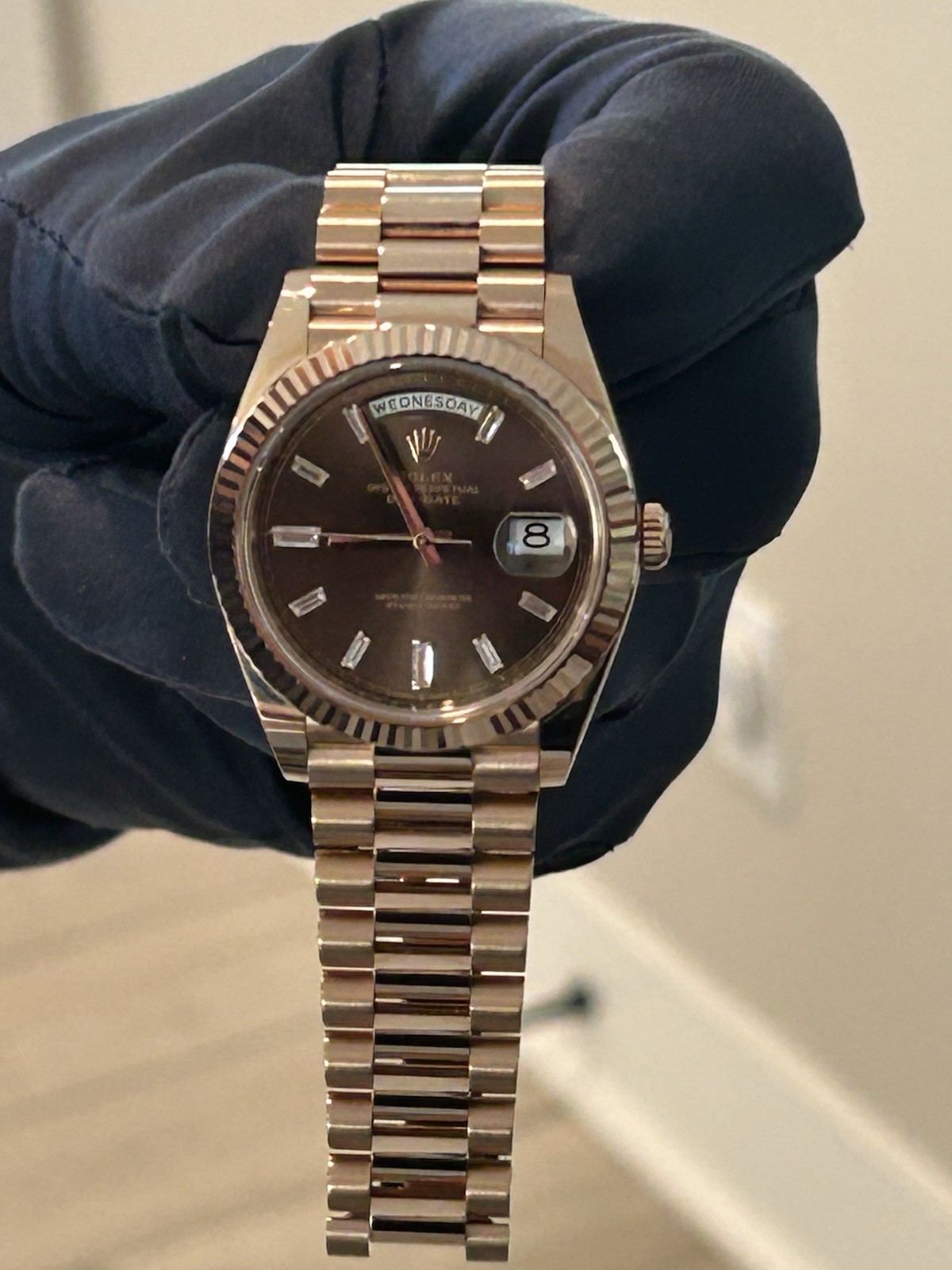 Rolex Day-Date 228235 40mm Rose Gold Chocolate Dial with Diamond Baguettes 2025