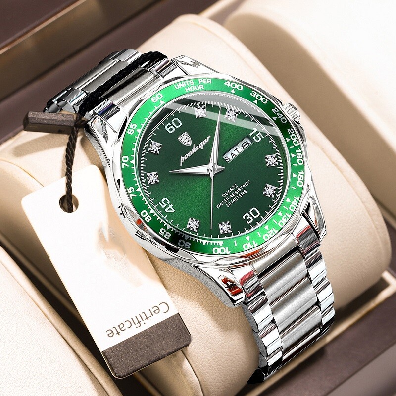 POEDAGAR Men Date Watch Quartz Wristwatch Waterproof Luminous Stainless Watches