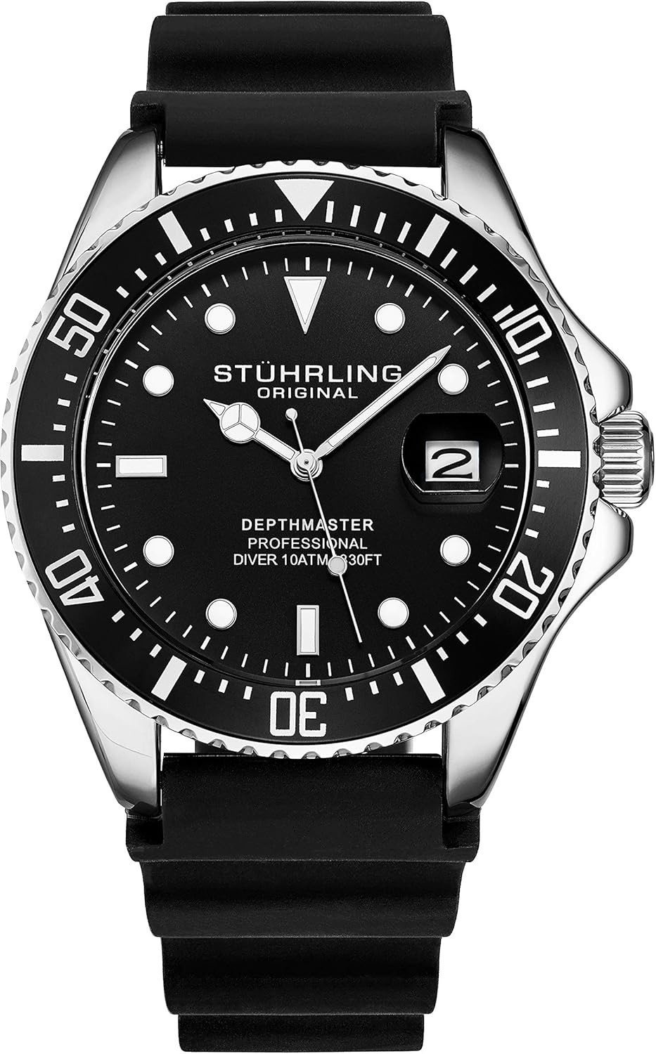 Stuhrling Mens Water Dive Watch Silver 42mm Case Screw down Crown Rubber Strap