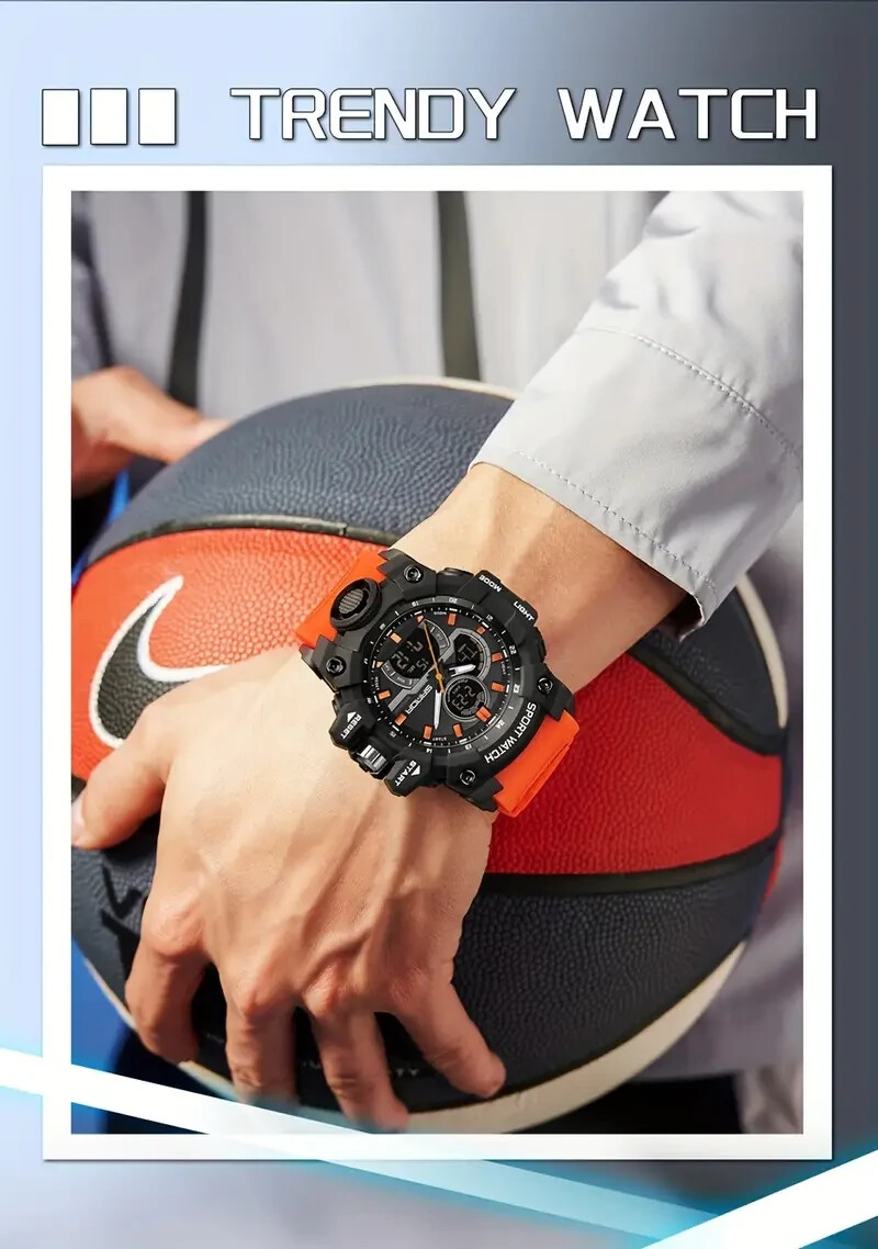 Orange Men Luxury Sports Watch Dual Display Waterproof Quartz Movement Stopwatch