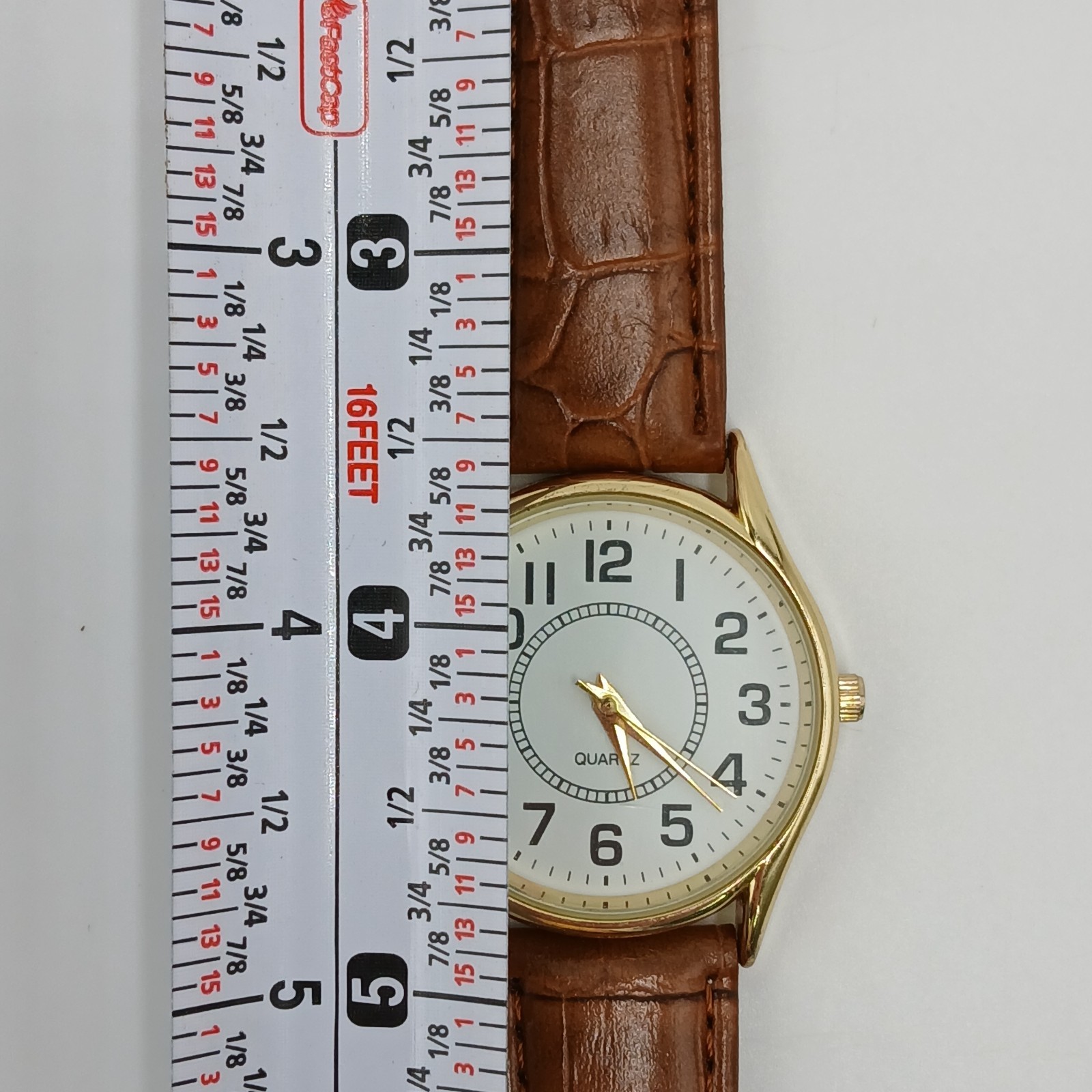 Quartz Watch Unisex Gold Tone Brown Faux Croc Skin upto 8.5in Seconds Hand Japan