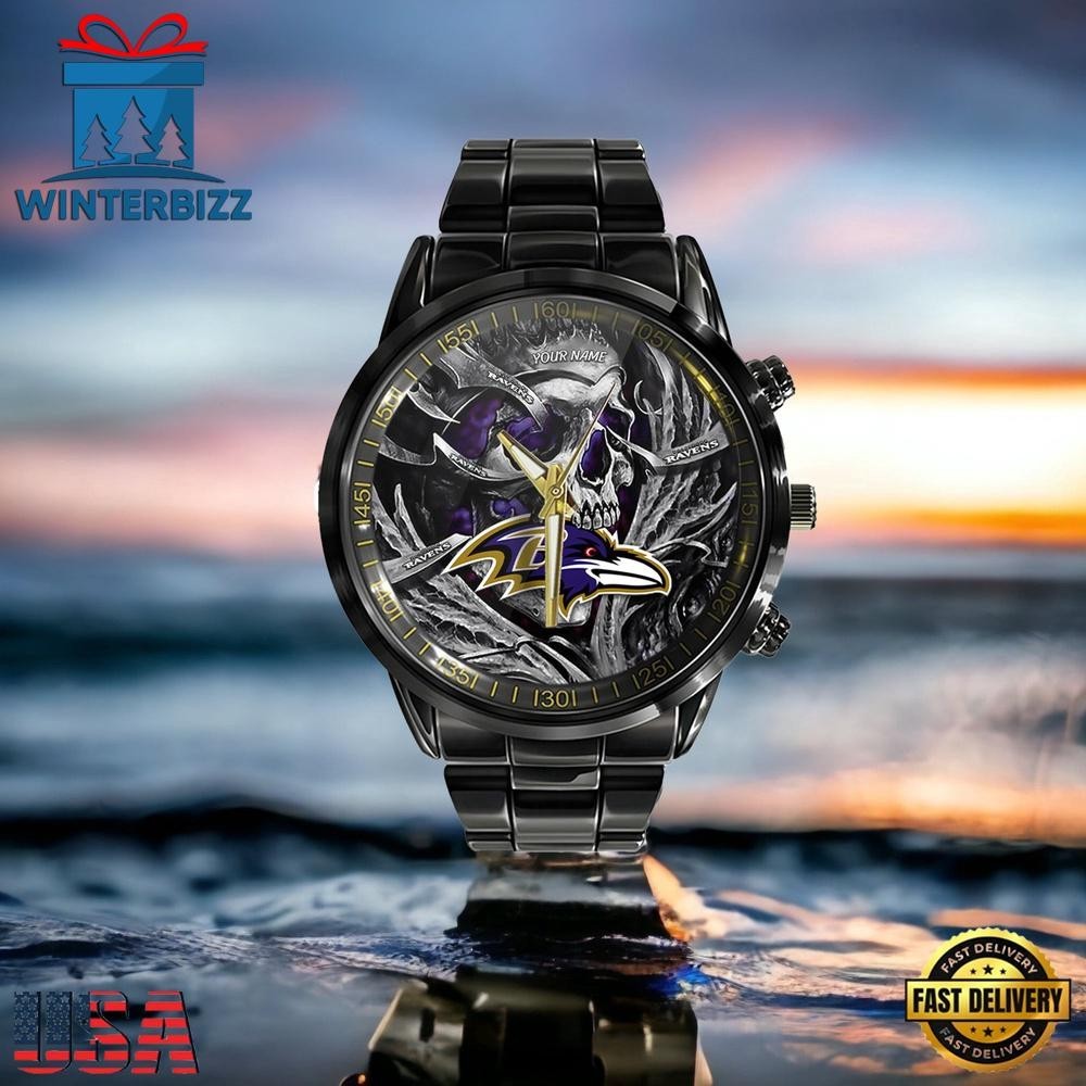 Custom Name Baltimore Football Team Ravenss Men Black Stainless Steel Watch