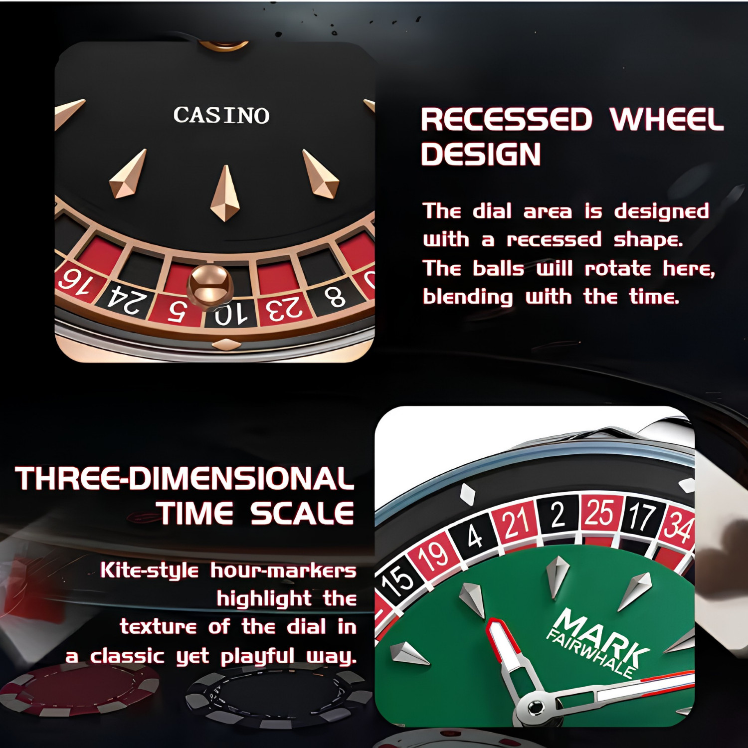Casino Roulette Watch Mens Quartz Rotating Dial Luxury Wristwatch Rose Gold Plus