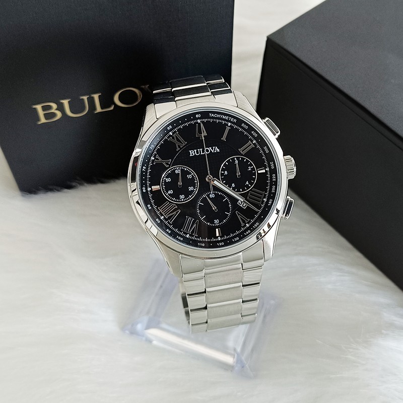 Men Bulova Wilton Black Dial Stainless Steel Classic 96B288 Quartz Watch 46.5mm
