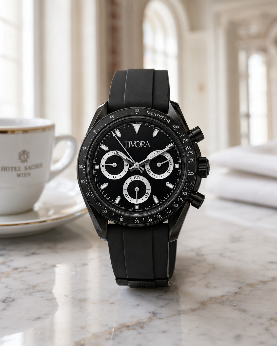TÍVORÁ Veyron Argent Steel All Onyx Dial – Custom Branded Automatic Chronograph