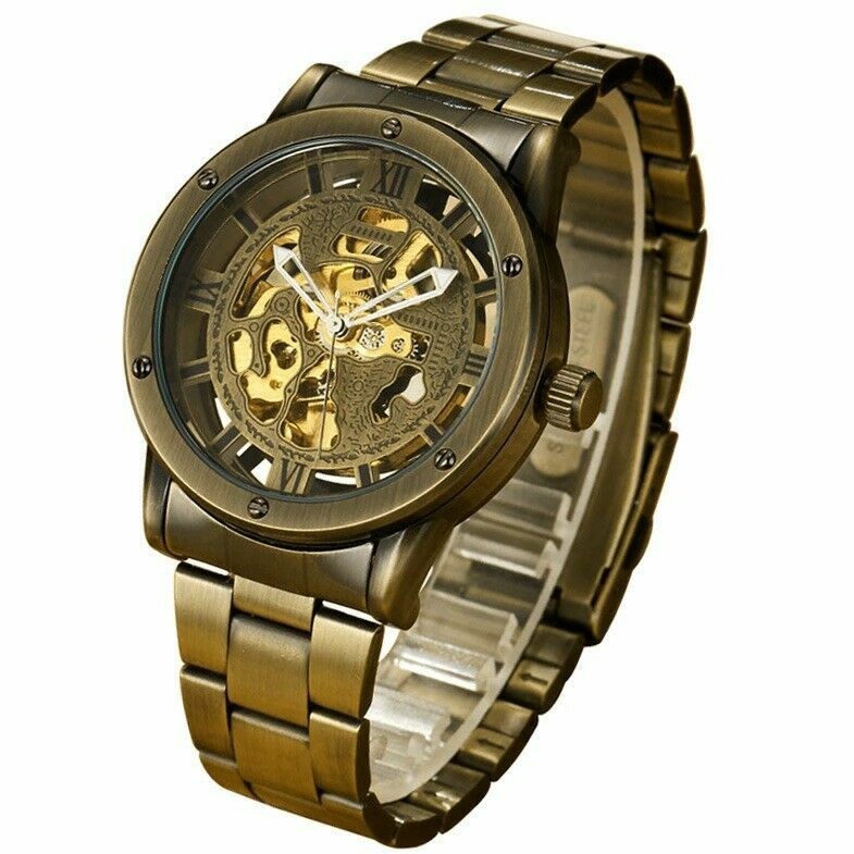 Retro Bronze Skeleton Classic Self-winding Mechanical Stainless Men Wristwatch